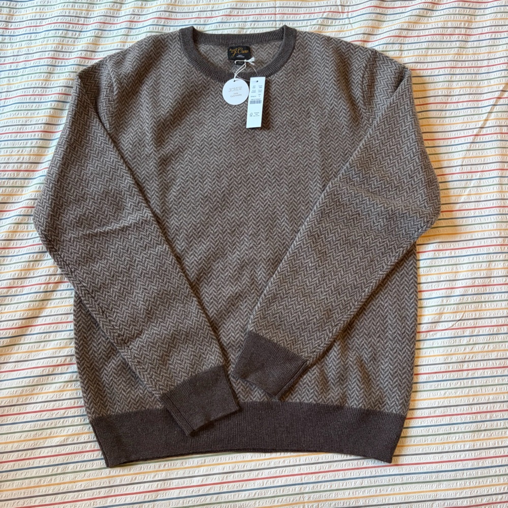 J. Crew Cashmere herringbone jacquard crewneck sweater, brown, Men's Large - Picture 2 of 4